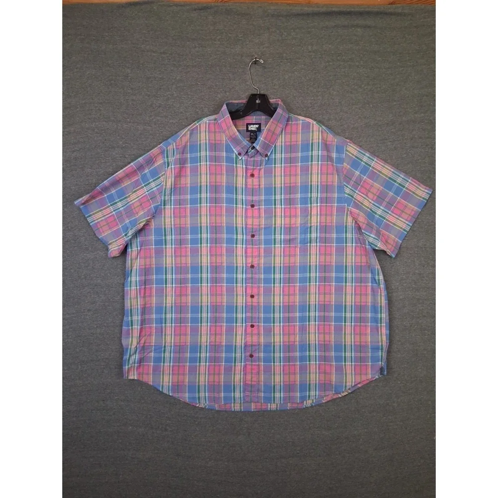 Lands End Mens Shirt 3XLT Blue Multi Plaid Coastal Resort 100% Cotton Spring‎